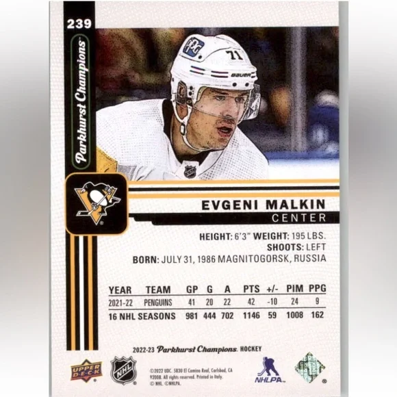 Evgeni Malkin 2022/23 Parkhurst Pittsburgh Penguins Hockey Card - Picture 2 of 2